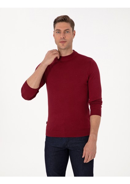 Erkek Vişne Slim Fit Çeyrek Yaka Basic Triko Kazak 50314188-VR223
