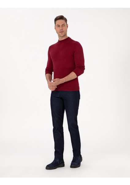Erkek Vişne Slim Fit Çeyrek Yaka Basic Triko Kazak 50314188-VR223 fırsatları