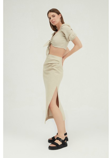 Yırtmaçlı Keten Midi Etek Naturel fiyatları