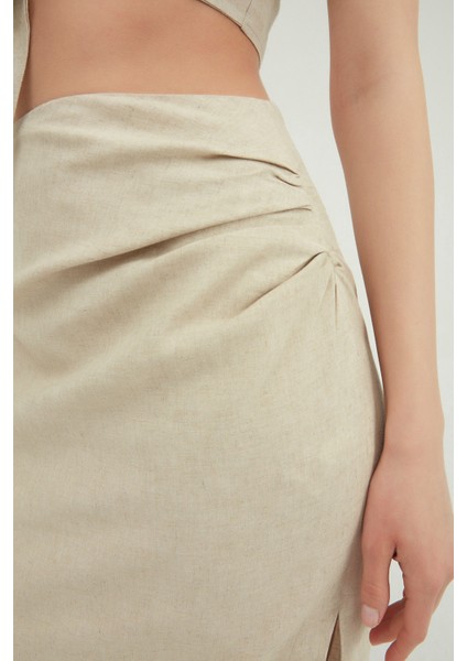 Yırtmaçlı Keten Midi Etek Naturel fırsatları