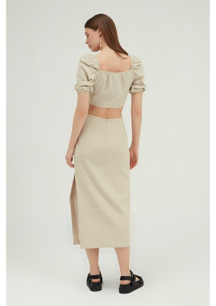 Yırtmaçlı Keten Midi Etek Naturel indirimleri