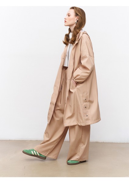 Oversize Kapüşonlu Trençkot Bej
