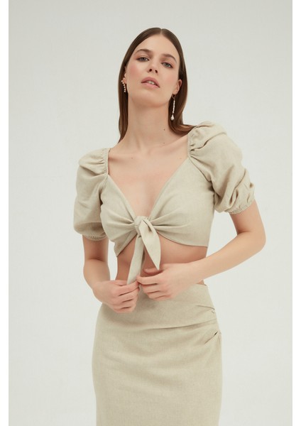 Önü Bağlamalı Crop Keten Bluz Naturel