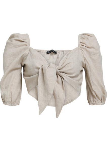 Önü Bağlamalı Crop Keten Bluz Naturel fiyatları