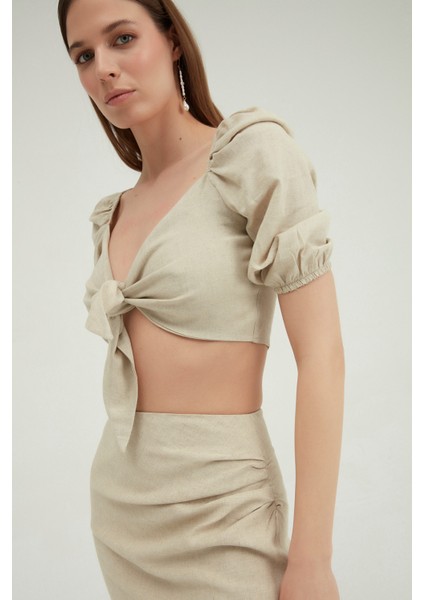 Önü Bağlamalı Crop Keten Bluz Naturel fırsatları