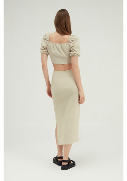 Önü Bağlamalı Crop Keten Bluz Naturel indirimleri