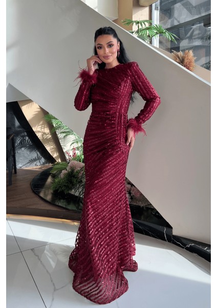 Pul Payet Kumaş Tesettür Abiye Elbise - Bordo