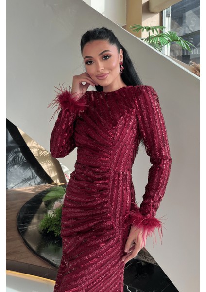 Pul Payet Kumaş Tesettür Abiye Elbise - Bordo modelleri