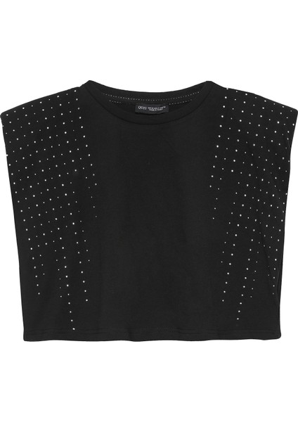 Taş Detaylı Vatkalı Crop Tişört Siyah