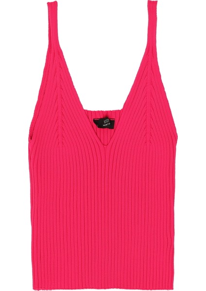 Ince Askılı Triko Crop Bluz Fuşya