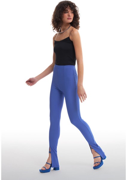 Beli Lastikli Yırtmaçlı Pantolon Koyu Mavi