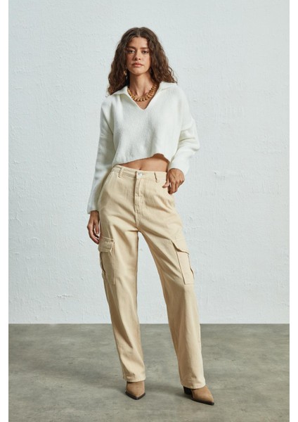 Gömlek Yaka Crop Kazak Ekru modelleri