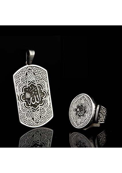 925 Ayar Gümüş Allah Lafzı Işlemeli Erkek Yüzük ve Kolye