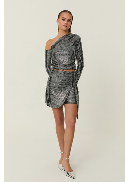 Bağlama Detaylı Parıltılı Şort Etek Gümüş