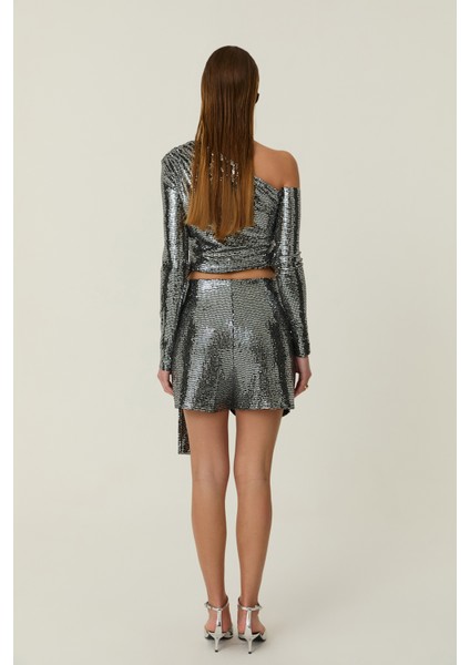 Bağlama Detaylı Parıltılı Şort Etek Gümüş indirimleri