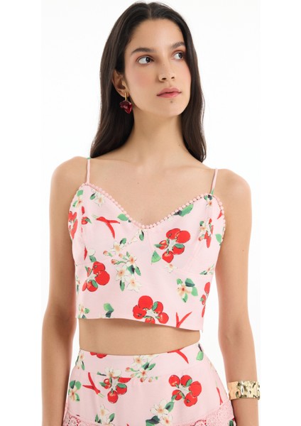 Domates Desenli Askılı Crop Bluz Pembe modelleri