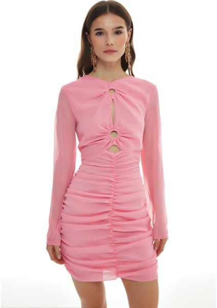 Halka Dekolteli Büzgülü Mini Elbise Pembe fırsatları