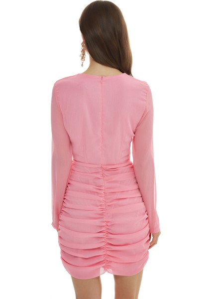 Halka Dekolteli Büzgülü Mini Elbise Pembe indirimleri