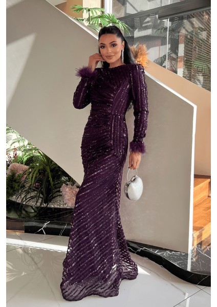 Pul Payet Kumaş Tesettür Abiye Elbise - Patlıcan Mor