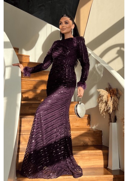 Pul Payet Kumaş Tesettür Abiye Elbise - Patlıcan Mor fiyatları