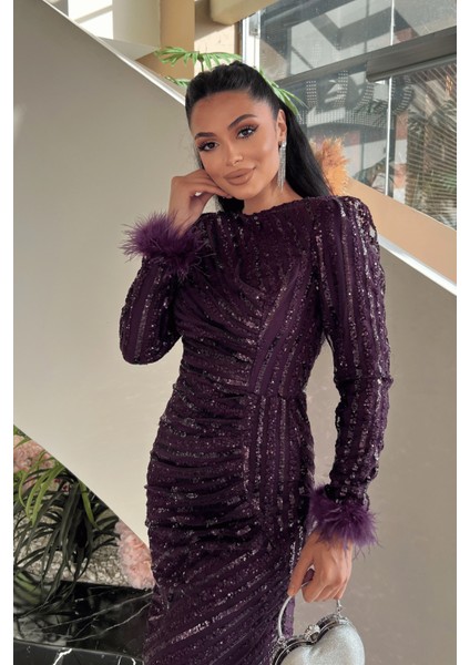 Pul Payet Kumaş Tesettür Abiye Elbise - Patlıcan Mor modelleri