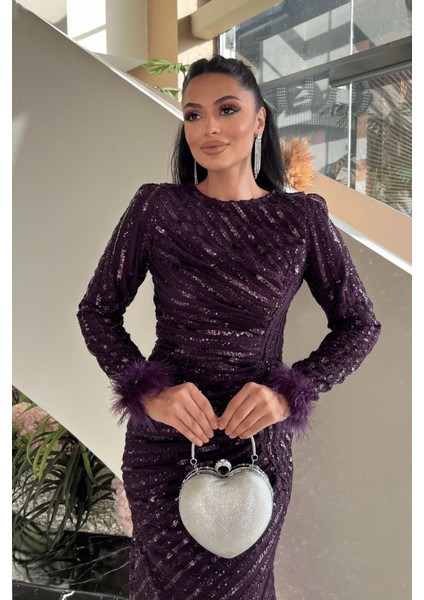 Pul Payet Kumaş Tesettür Abiye Elbise - Patlıcan Mor fırsatları
