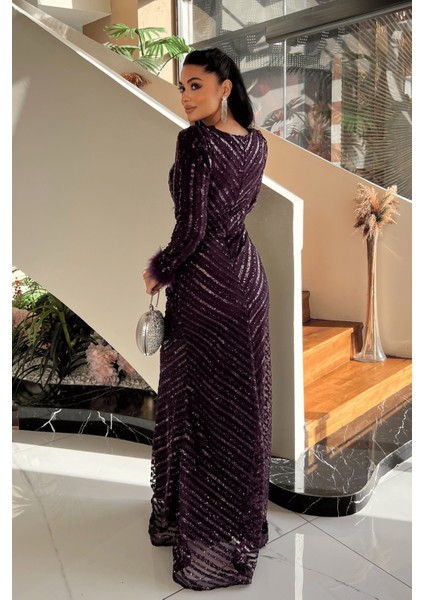 Pul Payet Kumaş Tesettür Abiye Elbise - Patlıcan Mor indirimleri