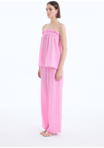 Gofre Kumaş Fırfırlı Straplez Bluz Pembe fırsatları