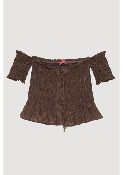 Kuş Gözü Bağlamalı Düşük Omuz Bluz Kahverengi fiyatları