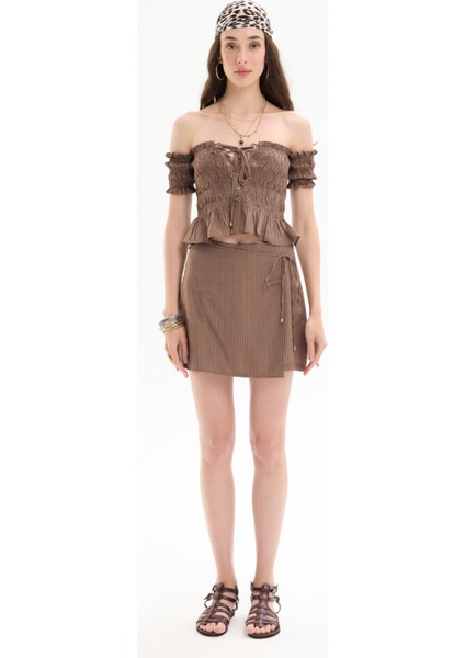 Kuş Gözü Bağlamalı Düşük Omuz Bluz Kahverengi modelleri