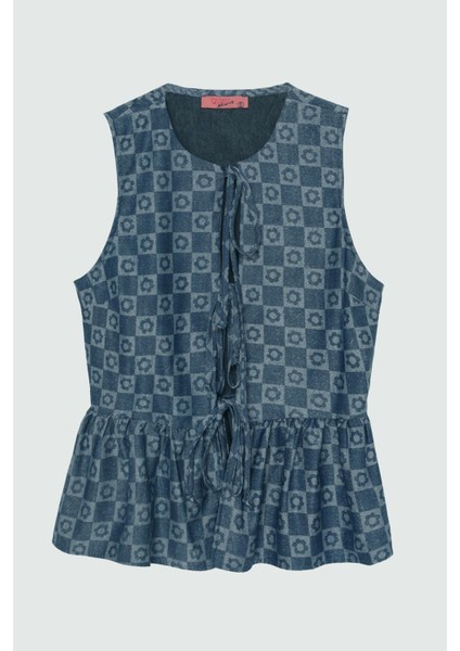 Dama Desenli Fiyonk Bağlamalı Bluz Indigo fiyatları