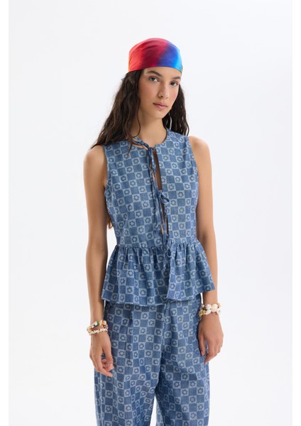 Dama Desenli Fiyonk Bağlamalı Bluz Indigo modelleri