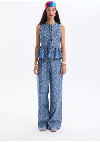 Dama Desenli Fiyonk Bağlamalı Bluz Indigo fırsatları