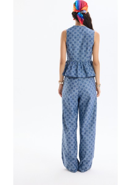 Dama Desenli Fiyonk Bağlamalı Bluz Indigo indirimleri