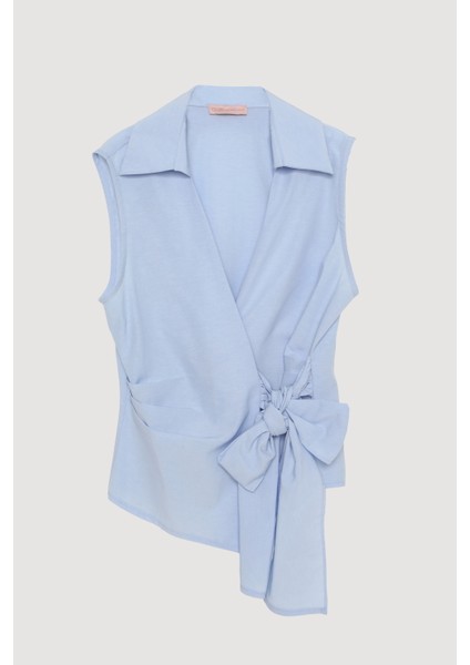 Kruvaze Yaka Bağlamalı Kolsuz Bluz Mavi fiyatları