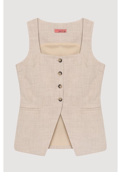 Kare Yaka Düğmeli Yelek Bluz Naturel fiyatları