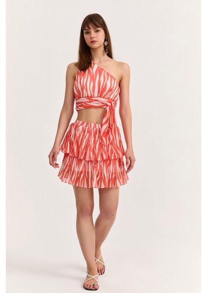 Çift Katlı Piliseli Mini Etek Turuncu