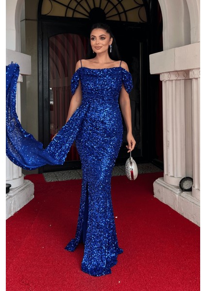 Pul Payet Kumaş Degaje Yaka Abiye Elbise - Saks Mavi fiyatları