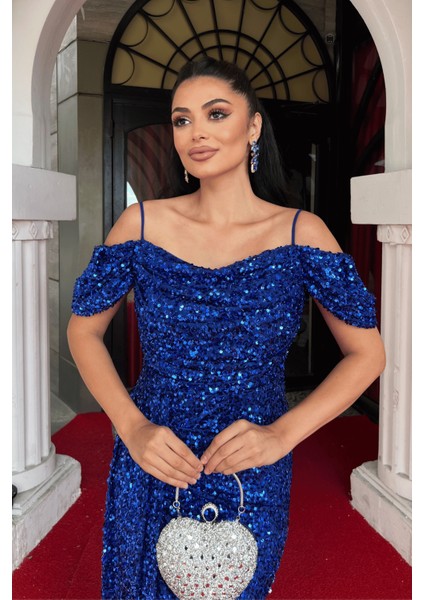 Pul Payet Kumaş Degaje Yaka Abiye Elbise - Saks Mavi fırsatları