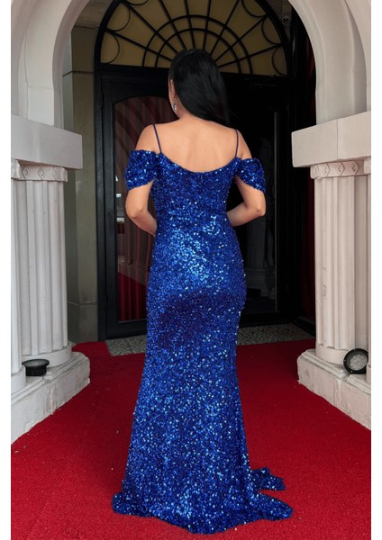 Pul Payet Kumaş Degaje Yaka Abiye Elbise - Saks Mavi indirimleri