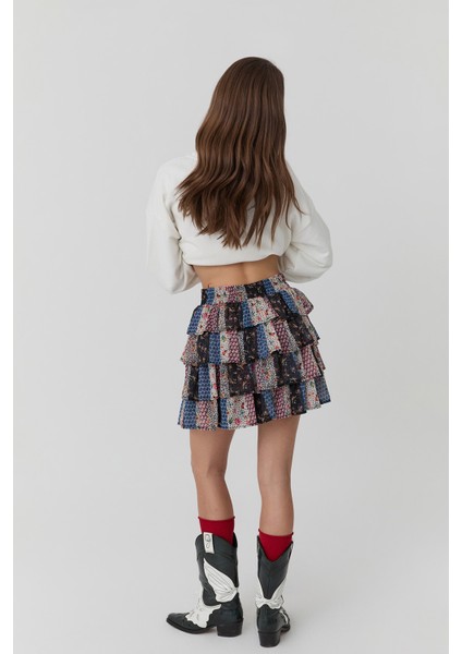 Renkli Desenli Volanlı Mini Etek Siyah indirimleri