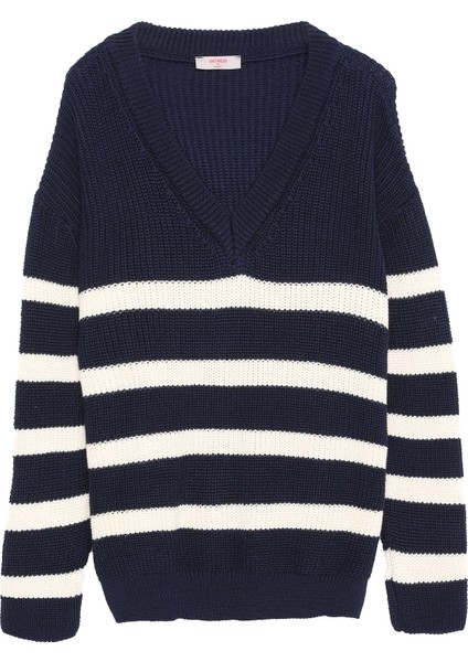 V Yaka Çizgili Triko Kazak Lacivert-Ekru fiyatları