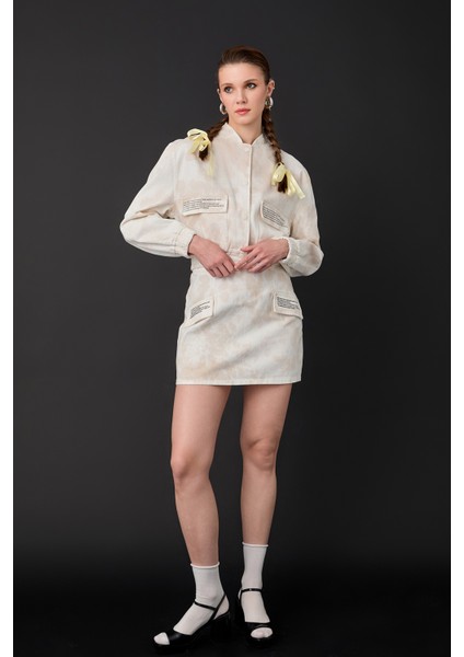 Yazı Baskılı Batik Desenli Bomber Ceket Bej modelleri