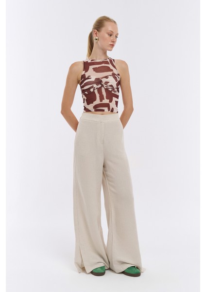 Büzgü Detaylı Crop Tül Bluz Kahverengi modelleri