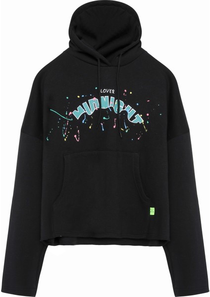 Baskı Detaylı Kapüşonlu Sweatshirt Siyah