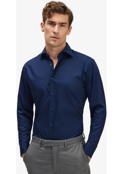 Erkek Lacivert %100 Pamuk Saten Non-Iron Ütü Istemeyen Casual Cepsiz Modern Fit Gömlek