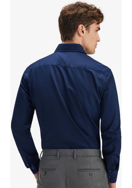 Erkek Lacivert %100 Pamuk Saten Non-Iron Ütü Istemeyen Casual Cepsiz Modern Fit Gömlek modelleri