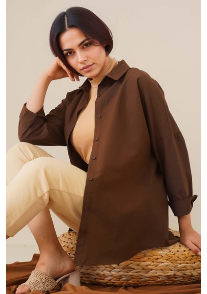 Kadın BDART Düğmeli Poplin Gömlek, Rahat Kesim Kahverengi