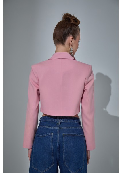 Vatka Detaylı Crop Blazer Ceket Pembe indirimleri
