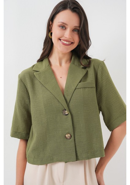 Kadın BDART Dokulu Kısa Ceket, Gömlek Yaka ile Green